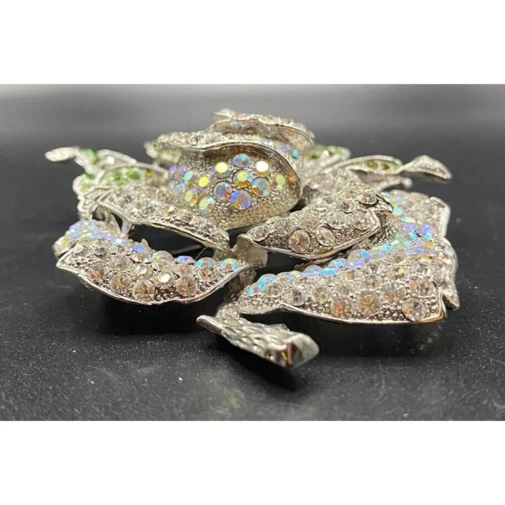 AB Clear Crystal Rose Brooch Huge 4" Silver Tone Thorns Green Leaves Rosebud - Picture 6 of 8
